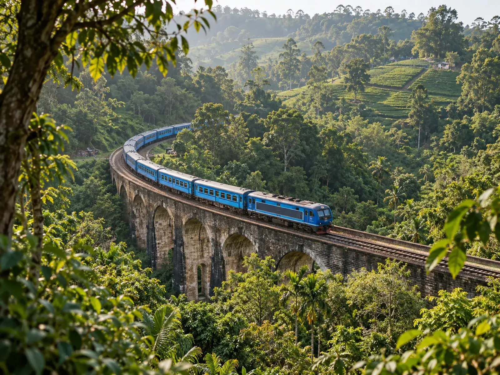The hill country train crossing Nine Arch Bridge near Ella