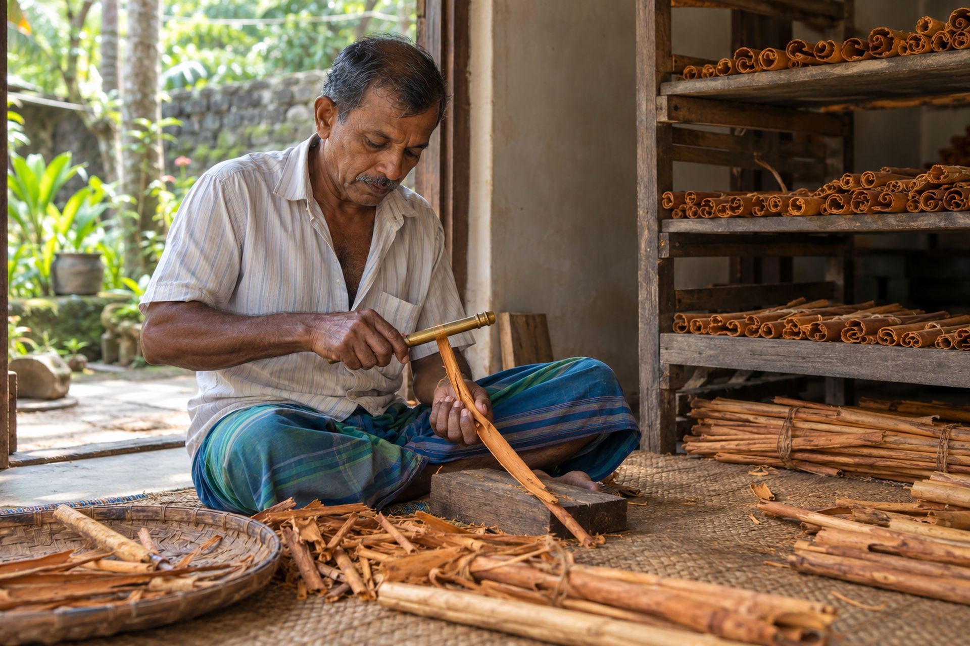 Cinnamon being peeled by hand on a Koggala lagoon island